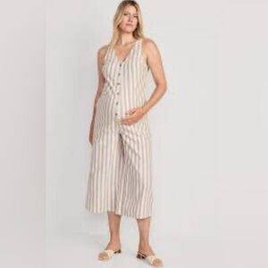 Maternity Sleeveless Linen-Blend Cropped Striped Henley Jumpsuit